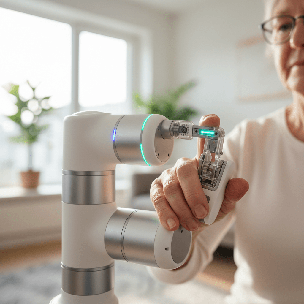 Older adult's hand actively using white robotic rehabilitation device during home therapy session with focused concentration